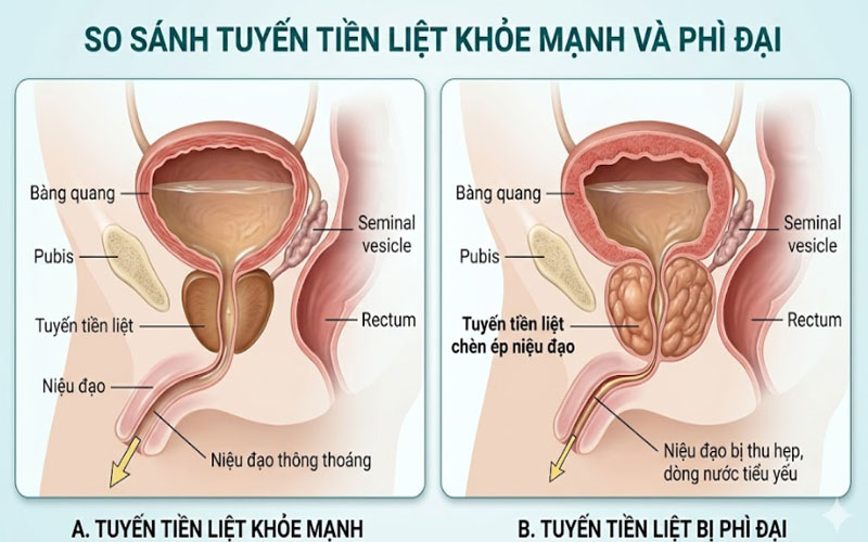 Mô phỏng sự khác biệt giữa tuyến tiền liệt bình thường và phì đại tuyến tiền liệt gây chèn ép đường tiểu